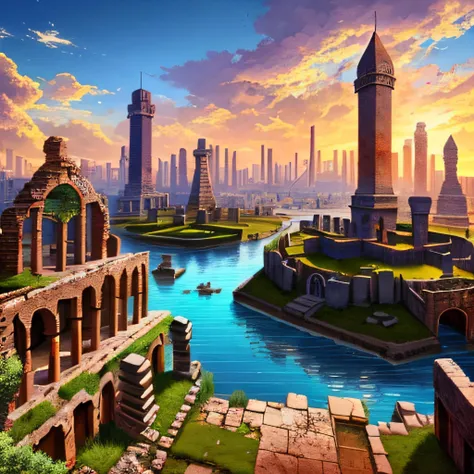 A crumbling city in the ruins of an ancient civilization, fantasy world<lora:openjourneyLora:1.0>