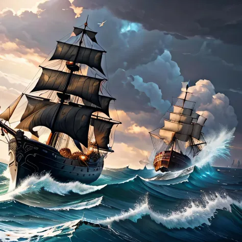 A stormy sea with a shipwrecked pirate ship, fantasy world<lora:openjourneyLora:1.0>