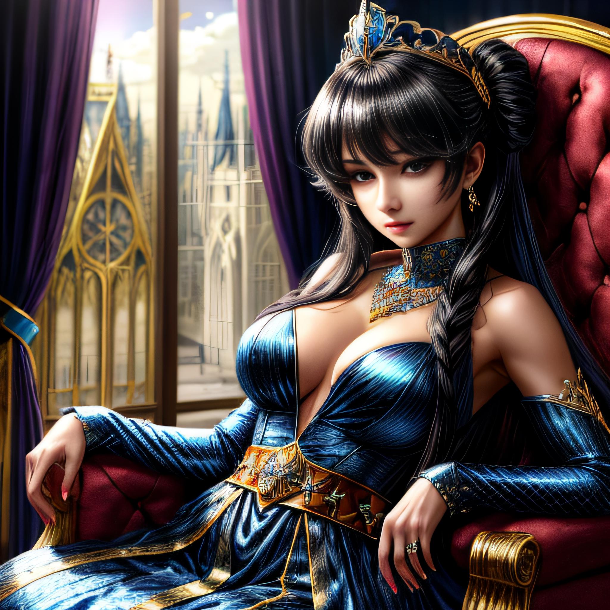 A close up of a woman in a blue dress sitting on a red chair - SeaArt AI