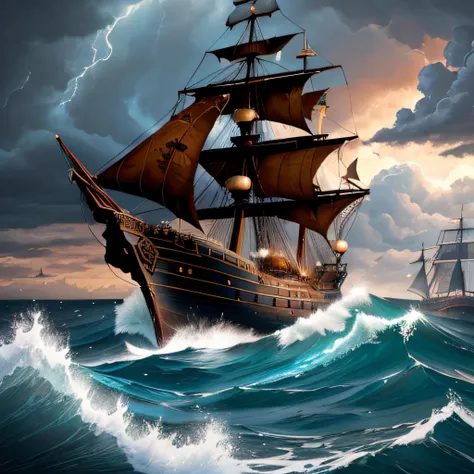 A stormy sea with a shipwrecked pirate ship, fantasy world<lora:openjourneyLora:1.0>