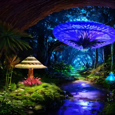 a mushroom jungle filled with exotic plants and animals, fantasy forest, (Anime, fantasy:1.2)<lora:LowRA:1.0>