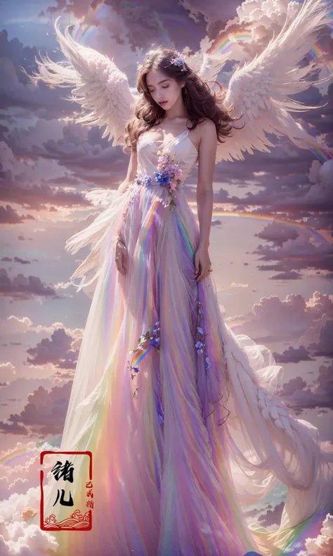 highly detailed, dynamic, cinematic, stunning, realistic lighting and shading, vivid, vibrant, 8k,octane render, unreal engine, very detailed, concept art, realistic, Cry engine, (Sunset, dusk:1.3)
1girlangel(solo:1.6)white wingsfeathered wingsangel wingsfeathers(Milky skin, shiny skin:1.3)(Transparent clothes:1.5),
(rainbow:1.7)flowerhair flower(cloudy skysky:1.4)
long hairblonde hairhair oramentbreastsdressbare shouldersfull body<lora:~Q?-_iyY)O angel:0.9>