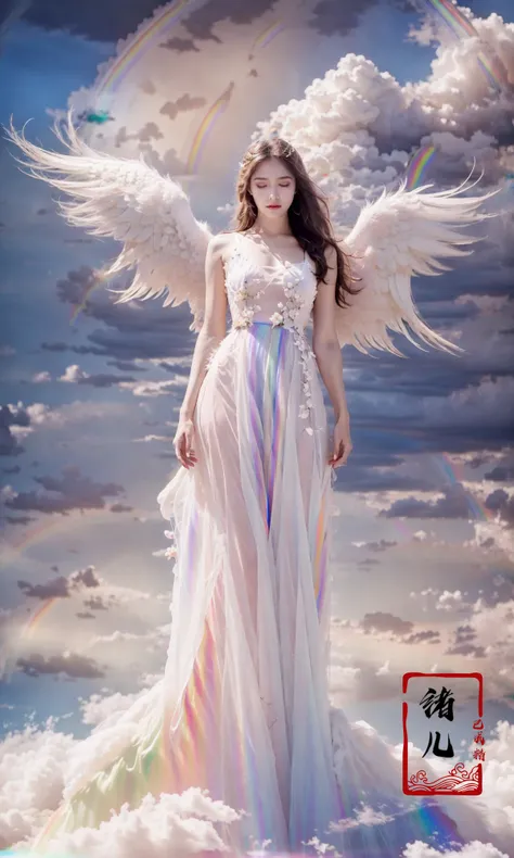 highly detailed, dynamic, cinematic, stunning, realistic lighting and shading, vivid, vibrant, 8k,octane render, unreal engine, very detailed, concept art, realistic, Cry engine,
1girlangel(solo:1.6)white wingsfeathered wingsangel wingsfeathers(Milky skin, shiny skin:1.3)(Transparent clothes:1.5),
(rainbow:1.7)flowerhair flower(cloudy skysky:1.4)
long hairblonde hairhair oramentbreastsdressbare shouldersfull body<lora:~Q?-_iyY)O angel:0.9>
