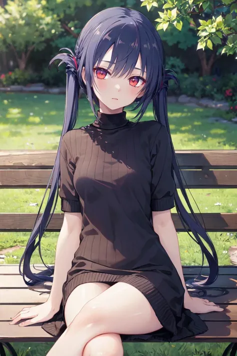 masterpiece, best quality,ultra-detailed, glistening shiny, glowing light, ray tracing, HDR, deph of field, (perfect face, detailed face, detailed eyes) , <lora:TakakuraAnri:0.7>, takakuraanri, long hair, twintails, red eyes, small breasts, sweater dress, bare legs, bare arms, crossed legs, sitting, on bench, outdoors