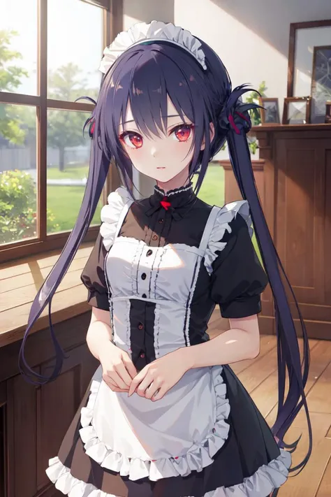 masterpiece, best quality,ultra-detailed, glistening shiny, glowing light, ray tracing, HDR, deph of field, (perfect face, detailed face, detailed eyes) , <lora:TakakuraAnri:0.7>, takakuraanri, long hair, twintails, red eyes, small breasts, maid uniform, standing, indoors