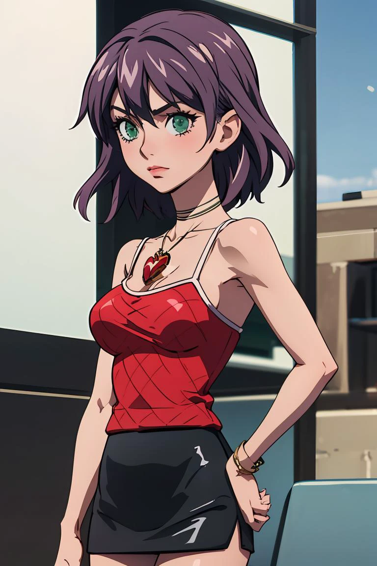 (masterpiece, best quality), 1girl, <lora:rinslet-nvwls-v1:1> rinslet walker, green eyes, necklace, red camisole, pencil skirt, black skirt