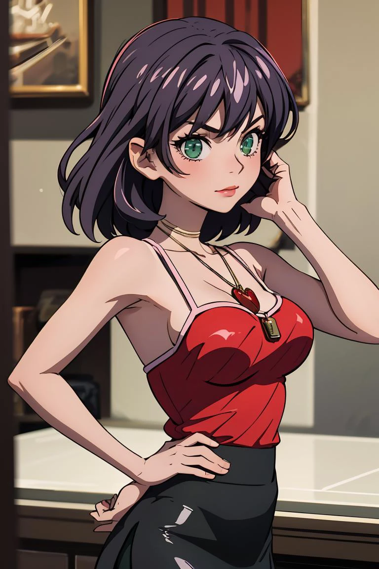 (masterpiece, best quality), 1girl, <lora:rinslet-nvwls-v1:1> rinslet walker, green eyes, necklace, red camisole, pencil skirt, black skirt
