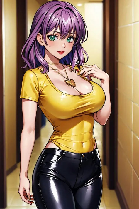 masterpiece, best quality, <lora:rinslet-nvwls-v1-000009:0.9> rinslet walker, green eyes, necklace, lipstick, cleavage, large breasts, yellow t-shirt, skin tight, leather pants, looking at viewer, hallway