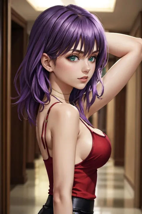 masterpiece, best quality, <lora:rinslet-nvwls-v1-000009:0.9> rinslet walker, purple hair, green eyes, necklace, red camisole, pencil skirt, black skirt, solo, large breasts, upper body, from side, arms behind head, looking at viewer, hallway