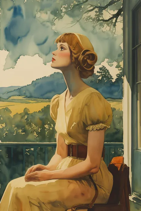 masterpiece,best quality,<lora:tbh119-:0.9>,outdoor ,watercolor ,style of Coles Phillips