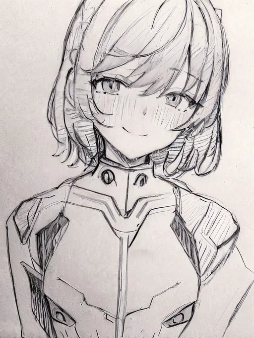 masterpiece, best quality, <lora:SakuraVRC:0.4>, SakuraVRC, 1girl, solo, short hair, red hair, green eyes, embarrassed, shy, smile, closed mouth, plugsuit, neon genesis evangelion, sketch, monochrome, greyscale, <lora:abaraHeikiSketchesArt_alpha:1>