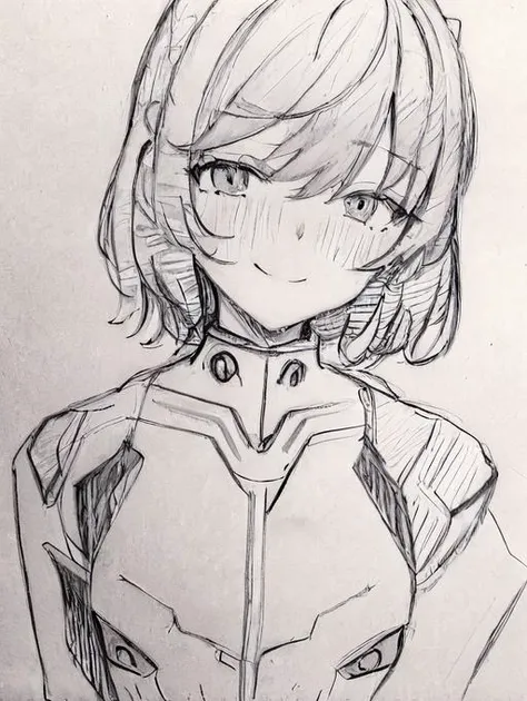 masterpiece, best quality, <lora:SakuraVRC:0.4>, SakuraVRC, 1girl, solo, short hair, red hair, green eyes, embarrassed, shy, smile, closed mouth, plugsuit, neon genesis evangelion, sketch, monochrome, greyscale,  <lora:abaraHeikiSketchesArt_alpha:1>