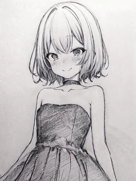 masterpiece, best quality, <lora:SakuraVRC:0.4>, SakuraVRC, 1girl, solo, short hair, red hair, green eyes, embarrassed, shy, smile, closed mouth, strapless dress, sketch, monochrome, greyscale, <lora:abaraHeikiSketchesArt_alpha:1>