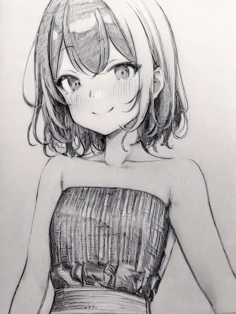 masterpiece, best quality, <lora:SakuraVRC:0.4>, SakuraVRC, 1girl, solo, short hair, red hair, green eyes, embarrassed, shy, smile, closed mouth, strapless dress, sketch, monochrome, greyscale, <lora:abaraHeikiSketchesArt_alpha:1>
