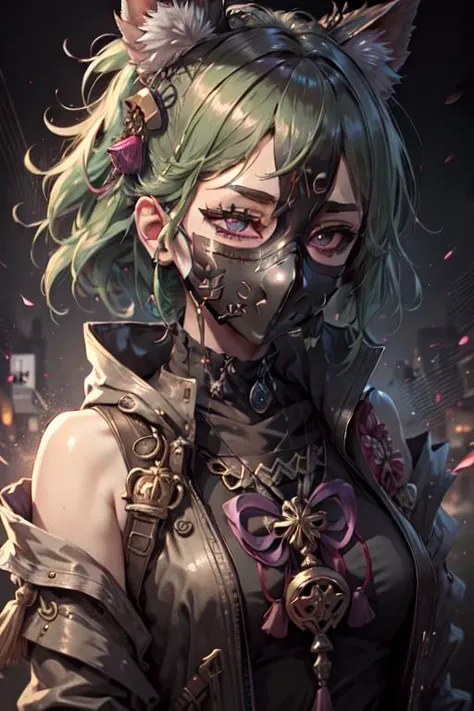 ((masked_female)), purple eyes, closeup, face, detailed eyes, shiny hair, shiny, shiny clothes, extreme details, masterpiece, slight smile, hair_ornament, <lora:kuki_shinobu-000013:.55> kuki shinobu \(genshin impact\), green_hair,
<lora:CyberpunkStyleV1:.75> PunkAI