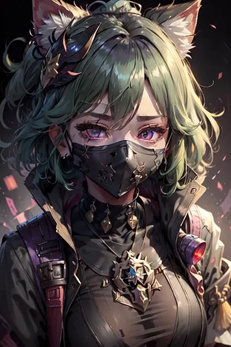 ((masked_female)), purple eyes, closeup, face, detailed eyes, shiny hair, shiny, shiny clothes, extreme details, masterpiece, slight smile, hair_ornament, <lora:kuki_shinobu-000013:.55> kuki shinobu \(genshin impact\), green_hair, 
 <lora:CyberpunkStyleV1:.75> PunkAI