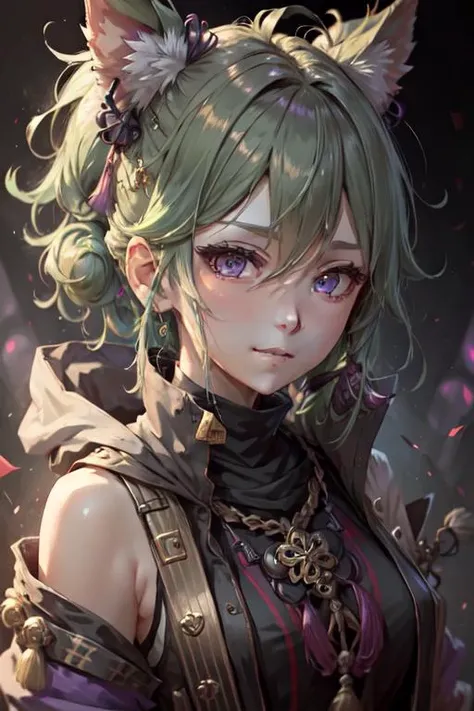 purple eyes, closeup, face, detailed eyes, shiny hair, shiny, shiny clothes, extreme details, masterpiece, slight smile, hair_ornament, <lora:kuki_shinobu-000013:.55> kuki shinobu \(genshin impact\), green_hair, 
<lora:CyberpunkStyleV1:.75> PunkAI