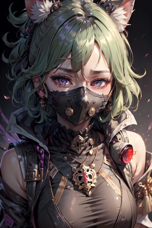 ((masked_female)), purple eyes, closeup, face, detailed eyes, shiny hair, shiny, shiny clothes, extreme details, masterpiece, slight smile, hair_ornament, <lora:kuki_shinobu-000013:.55> kuki shinobu \(genshin impact\), green_hair,
<lora:CyberpunkStyleV1:.75> PunkAI
