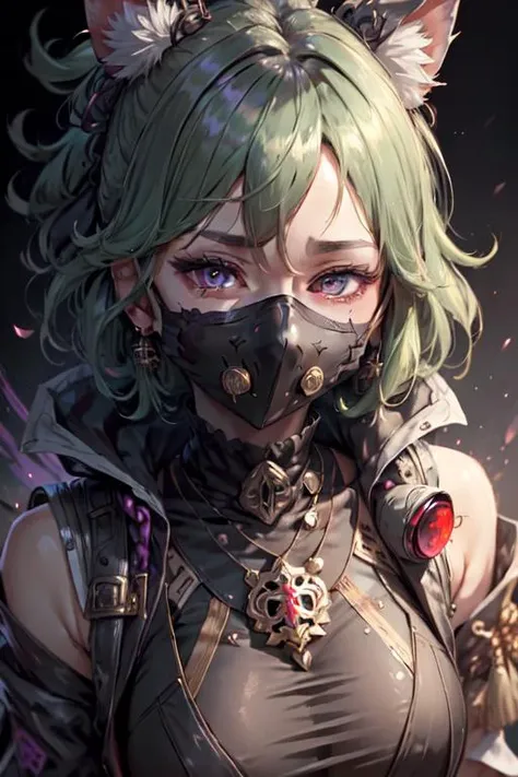 ((masked_female)), purple eyes, closeup, face, detailed eyes, shiny hair, shiny, shiny clothes, extreme details, masterpiece, slight smile, hair_ornament, <lora:kuki_shinobu-000013:.55> kuki shinobu \(genshin impact\), green_hair,
<lora:CyberpunkStyleV1:.75> PunkAI