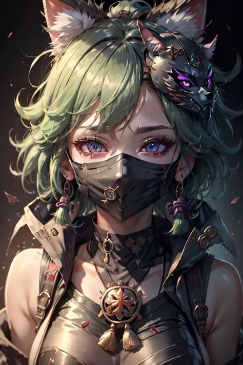 ((masked_female)), purple eyes, closeup, face, detailed eyes, shiny hair, shiny, shiny clothes, extreme details, masterpiece, slight smile, hair_ornament, <lora:kuki_shinobu-000013:.55> kuki shinobu \(genshin impact\), green_hair,
<lora:CyberpunkStyleV1:.75> PunkAI