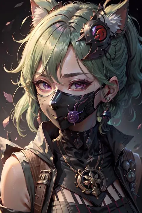 ((masked_female)), purple eyes, closeup, face, detailed eyes, shiny hair, shiny, shiny clothes, extreme details, masterpiece, slight smile, hair_ornament, <lora:kuki_shinobu-000013:.55> kuki shinobu \(genshin impact\), green_hair,
<lora:CyberpunkStyleV1:.75> PunkAI