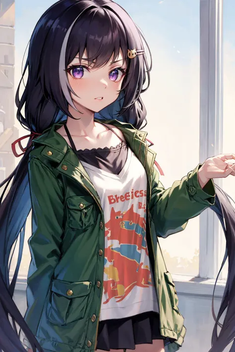 (masterpiece_1.3), (best quality_1.2),kiruyamomochi,1girl,solo,purple eyes,multicolored hair,black hair,streaked hair,long hair,hair ornament,low twintails,red ribbon,very long hair,clothes writing,white hair,bangs,cat hair ornament,hairclip,green jacket,jackettwintails,collarbone,open clothes,ribbon,looking at viewer,shirt,hair ribbon,long sleeves,white shirt,open jacket,karyl (princess connect!), ,<lyco:GoodHands-beta2:0.5> <lora:30_kiruyamomochi:1>