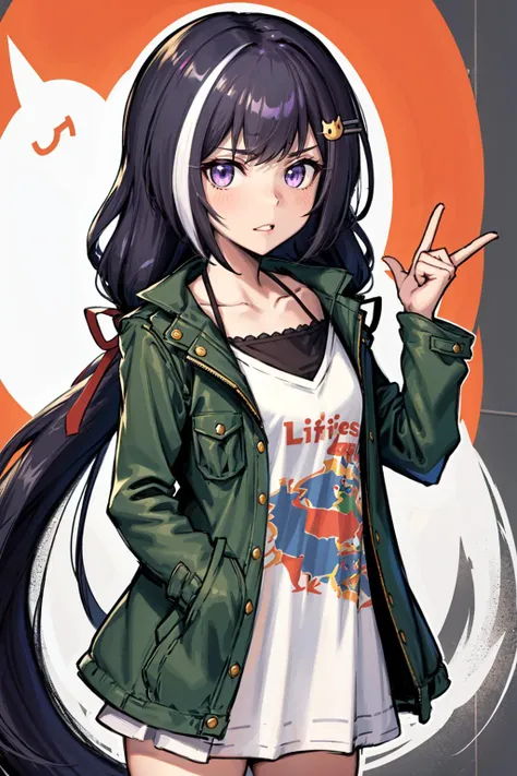 (masterpiece_1.3), (best quality_1.2),kiruyamomochi,1girl,solo,purple eyes,multicolored hair,black hair,streaked hair,long hair,hair ornament,low twintails,red ribbon,very long hair,clothes writing,white hair,bangs,cat hair ornament,hairclip,green jacket,jackettwintails,collarbone,open clothes,ribbon,looking at viewer,shirt,hair ribbon,long sleeves,white shirt,open jacket,karyl (princess connect!), ,<lyco:GoodHands-beta2:0.5> <lora:30_kiruyamomochi:1>