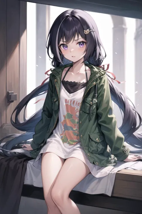 (masterpiece_1.3), (best quality_1.2),kiruyamomochi,1girl,solo,purple eyes,multicolored hair,black hair,streaked hair,long hair,hair ornament,low twintails,red ribbon,very long hair,clothes writing,white hair,bangs,cat hair ornament,hairclip,green jacket,jackettwintails,collarbone,open clothes,ribbon,looking at viewer,shirt,hair ribbon,long sleeves,white shirt,open jacket,karyl (princess connect!), ,<lyco:GoodHands-beta2:0.5> <lora:30_kiruyamomochi:1>