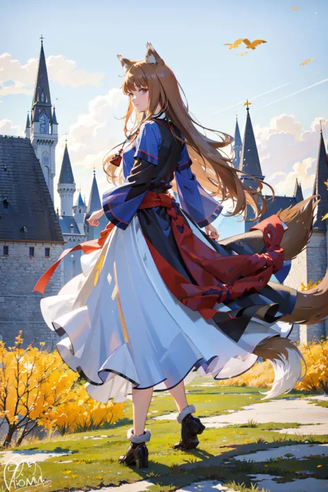 (masterpiece), (best quality), 1girl, looking at viewer, {day|night}, <lora:holo-10:1>, holos, medieval, castle, outdoors, wolf ears, wolf tail, brown hair, long hair, summer, sky, blue sky,