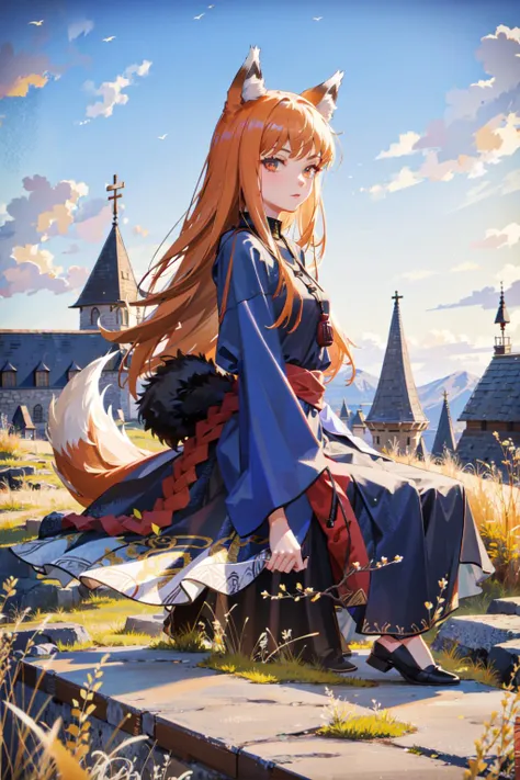 (masterpiece), (best quality), 1girl, looking at viewer, {day|night}, <lora:holo-10:1>, holos, medieval. medieval town, outdoors, wolf ears, wolf tail,