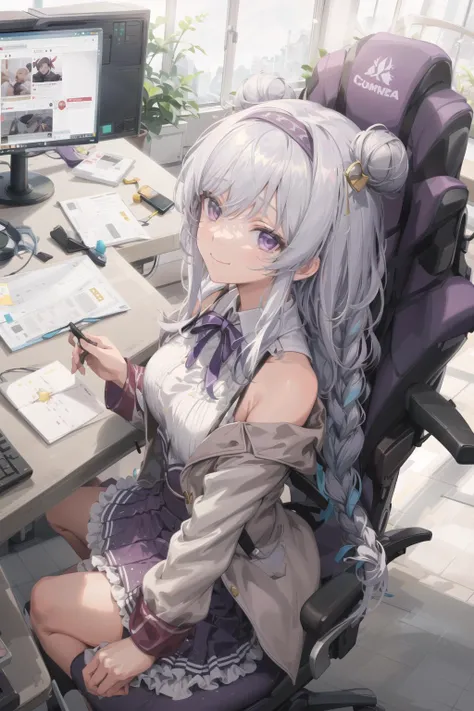 masterpiece, best quality, 1girl, eliastellaria, purple eyes, smile, (tired:1.4), looking at viewer, computer, playing games, gaming chair, sitting, from above <lora:EliaStellaria:1>, purple skirt, sleeveless shirt, open jacket,