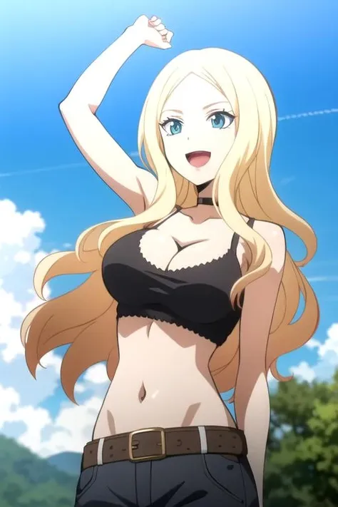 ultra high res, masterpiece, 1girl, <lora:IrinaJelaviÄR4:0.7>,IrinaJelaviÄR4, blonde hair, blue eyes, :d, belt, belt_buckle, , blue_sky, , buckle, choker, cleavage, cloud, cloudy_sky, condensation_trail, day, long_hair, navel, open_mouth, outdoors, sky, smile, solo