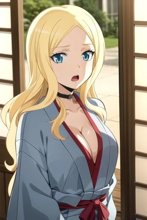 ultra high res, masterpiece, 1girl, <lora:IrinaJelaviÄR4:0.7>,IrinaJelaviÄR4, blonde hair, blue eyes, upper body, choker, cleavage, indoors, japanese_clothes, large_, long_hair, looking_at_viewer, open_mouth, shouji, sliding_doors, solo, upper_body, window