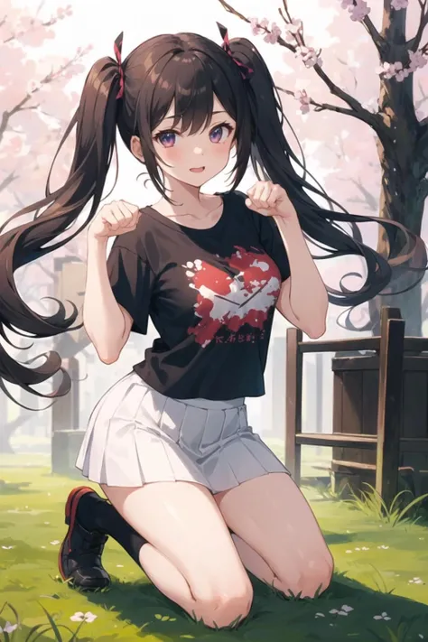 (highest quality, 4k, High resolution, masterpiece:1.2), Super detailed, (anime style, photorealistic:1.37), cinematic light, Bright colors and mesmerizing effects, Soft and delicate lighting, gentle shine, Beautiful and gentle atmosphere throughout the scene, (1girl:1.5), joven, (Cara finamente detallada:1.4, Ropa detallada), (Detallado:1.4) named (Eimi Fukada:1.1) BREAK Cara hermosa, Profundidad de campo, Agregar capa, 27 years old, Modelo de cuerpo perfecto, senos perfectos, 175cm de altura, pose sexy, full body, cuerpo completo, Tipo de cuerpo del modelo, BREAK (sportwear:1.5), (skirt:1.3), (Cabello largo:1.3), (brunette:1.1), dark brown hair, doble parpado, (reddish brown eyes:1.5) BREAK blush, long hair, nijistyle, smile, sakura garden, (cowboy shot:1.3), cyber_style_girl