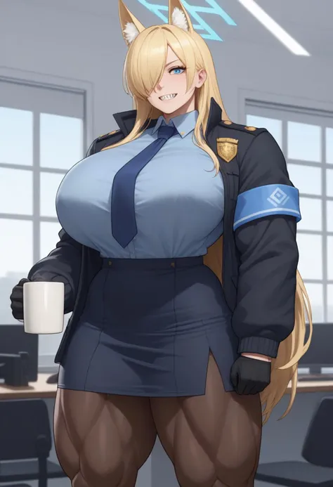 score_9, score_8_up, score_7_up, source_anime, solo, 1girl, 1 female, kanna \(blue archive\), kannadef, sharp teeth, looking at viewer, standing, holding coffee mug, hair over one eye, animal ears, extra ears, blue halo, black jacket, open jacket, long sleeves, armband, blue shirt, collared shirt, blue necktie, tie clip, black gloves, blue skirt, pencil skirt, black pantyhose, indoors, office, window, detailed face, detailed expression, ambush (trap), bodybuilder, veiny muscles, huge muscles, hyper, hyper muscles, extreme muscles, broad shoulders, huge pecs, muscular pecs, pectorals, large pectorals, huge traps, covered nipples, muscular arms, muscular thighs, veins, veiny, thick arms, veiny arms, full body, full body shot, wide shot, random pose, hyper detailed, <lora:BUFFv1-0:1> <lora:ba_ogatakanna_ponyXL:1>
