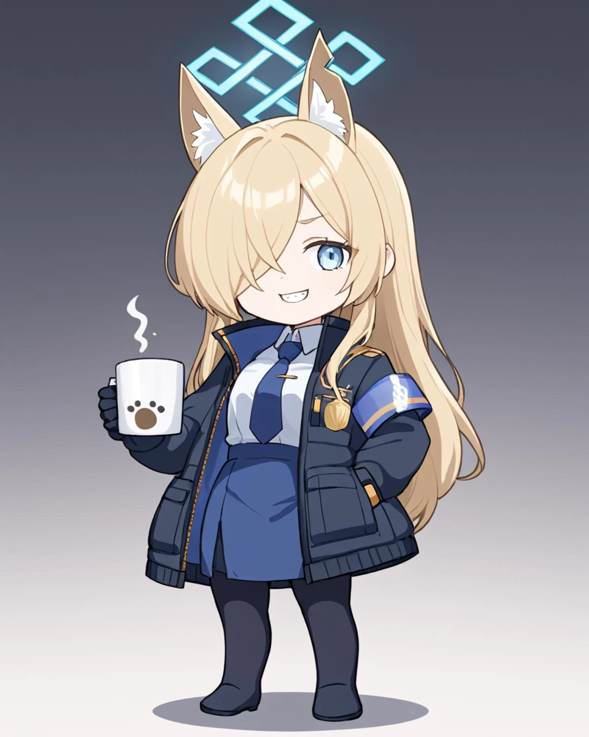 kanna \(blue archive\),1girl, solo, sharp_teeth, hair_over_one_eye, holding_cup, blue_necktie, hand_in_pocket, white_shirt, halo, animal_ear_fluff, black_jacket, long_sleeves, mug, looking_at_viewer, black_gloves, standing, collared_shirt, open_jacket, full_body, black_pantyhose, food, coat, grin, chibi, rice_bowl, blue_skirt, holding_bowl
<lora:kanna_(blue_archive)_image1422_2023-11-28:1>halo. gorgeous,key visual, vibrant, studio anime,award-winning, professional, highly detailed,high budget, cinemascope