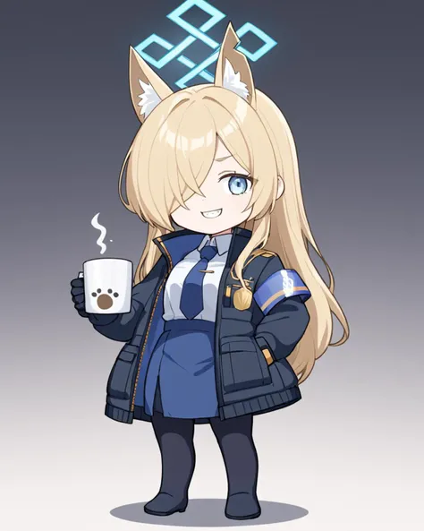 kanna \(blue archive\),1girl, solo, sharp_teeth, hair_over_one_eye, holding_cup, blue_necktie, hand_in_pocket, white_shirt, halo, animal_ear_fluff, black_jacket, long_sleeves, mug, looking_at_viewer, black_gloves, standing, collared_shirt, open_jacket, full_body, black_pantyhose, food, coat, grin, chibi, rice_bowl, blue_skirt, holding_bowl
<lora:kanna_(blue_archive)_image1422_2023-11-28:1>halo. gorgeous,key visual, vibrant, studio anime,award-winning, professional, highly detailed,high budget, cinemascope