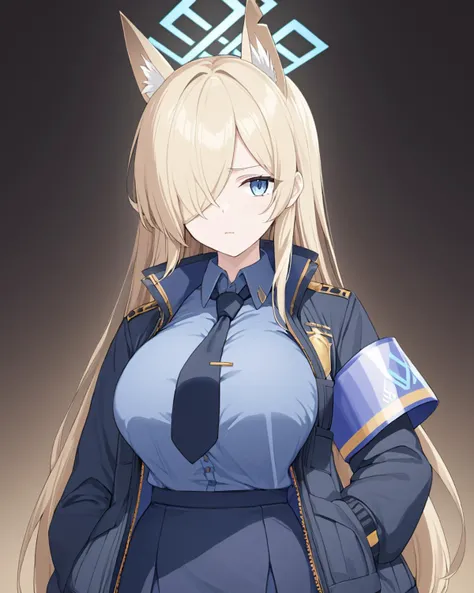 kanna \(blue archive\),1girl, solo, halo, hair_over_one_eye, black_necktie, armband, hand_in_pocket, black_gloves, looking_at_viewer, skirt, jacket, blue_necktie, long_sleeves, blue_shirt, large_breasts, collared_shirt, open_clothes, parted_lips
<lora:kanna_(blue_archive)_image1422_2023-11-28:1>halo. gorgeous,key visual, vibrant, studio anime,award-winning, professional, highly detailed,high budget, cinemascope