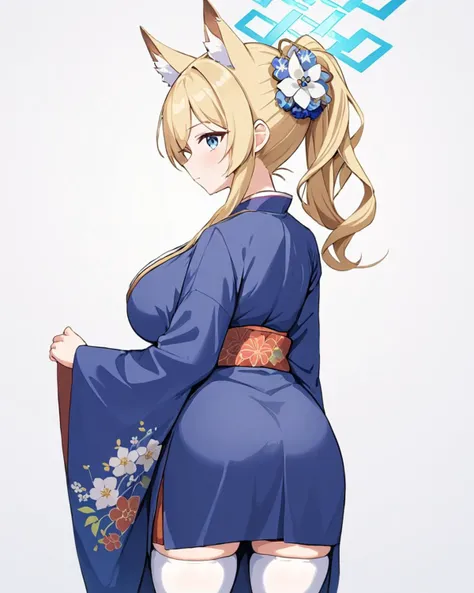 breathtaking,kanna \(blue archive\),1girl, solo, looking at viewer, blush, large breasts, simple background, hair ornament, long sleeves, white background, cleavage, closed mouth, ponytail, flower, japanese clothes, socks, looking back, hair flower, wide sleeves, kimono, official alternate costume, animal ear fluff, halo, obi, floral print, white socks, seiza, spoken ellipsis, blue kimono, nape <lora:Kanna_image220_v1-000040:1> , . gorgeous,key visual, vibrant, studio anime,award-winning, professional, highly detailed,high budget, cinemascope