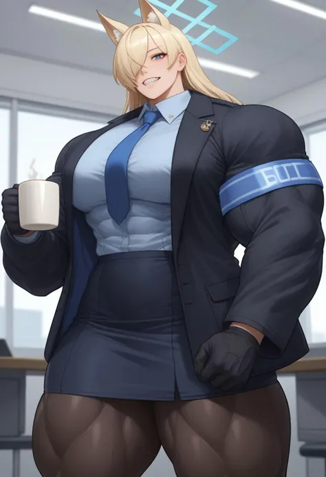 score_9, score_8_up, score_7_up, source_anime, solo, 1girl, 1 female, kanna \(blue archive\), kannadef, sharp teeth, looking at viewer, standing, holding coffee mug, hair over one eye, animal ears, extra ears, blue halo, black jacket, open jacket, long sleeves, armband, blue shirt, collared shirt, blue necktie, tie clip, black gloves, blue skirt, pencil skirt, black pantyhose, indoors, office, window, detailed face, detailed expression, ambush (trap), bodybuilder, veiny muscles, huge muscles, hyper, hyper muscles, extreme muscles, broad shoulders, huge pecs, muscular pecs, pectorals, large pectorals, huge traps, covered nipples, muscular arms, muscular thighs, veins, veiny, thick arms, veiny arms, full body, full body shot, wide shot, random pose, hyper detailed, <lora:BUFFv1-0:1> <lora:ba_ogatakanna_ponyXL:1>