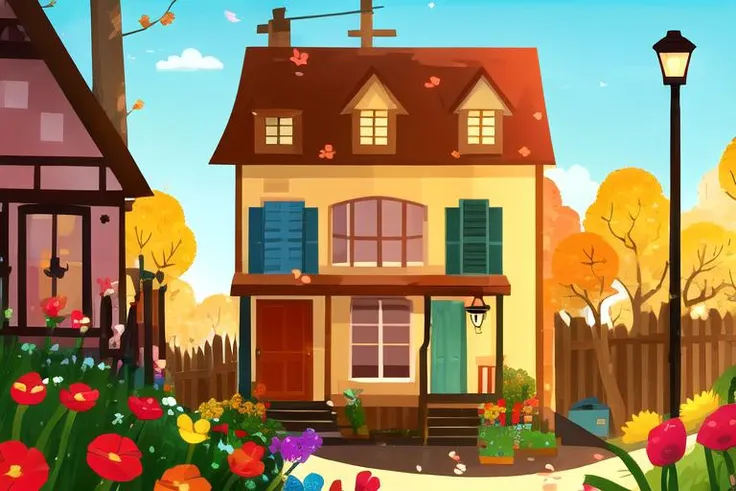 nitw style, no humans, scenery, window, trees, outdoors, building, sunny day, colorful flowers, spring, house, lamppost, sky<lora:nitw_style_v2:0.8>