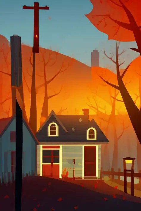 nitw style, no humans, scenery, window, tree, outdoors, building, autumn leaves, leaf, autumn, house, lamppost, sky <lora:nitw_style_v2:0.8>