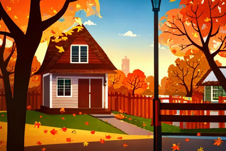 nitw style, no humans, scenery, window, tree, outdoors, building, autumn leaves, leaf, autumn, house, lamppost, sky<lora:nitw_style_v2:0.8>