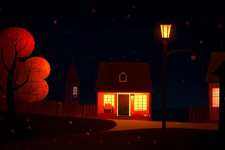 nitw style, no humans, scenery, window, tree, outdoors, building, autumn leaves, leaf, autumn, house, lamppost, sky, night time, night sky<lora:nitw_style_v2:0.8>