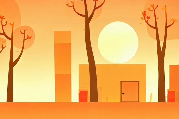 nitw style, sun, no humans, building, orange theme, maple leaf, tree, park <lora:nitw_style_v2:1>
