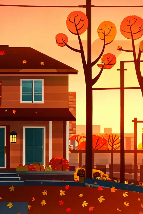 nitw style, no humans, tree, scenery, autumn, autumn leaves, outdoors, ground vehicle, leaf, building, window, motor vehicle,  house, sunset, lamppost<lora:nitw_style_v2:0.8>