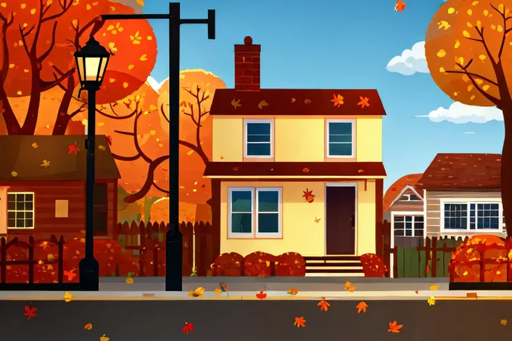 nitw style, no humans, scenery, window, tree, outdoors, building, autumn leaves, leaf, autumn, house, lamppost, sky<lora:nitw_style_v2:0.8>