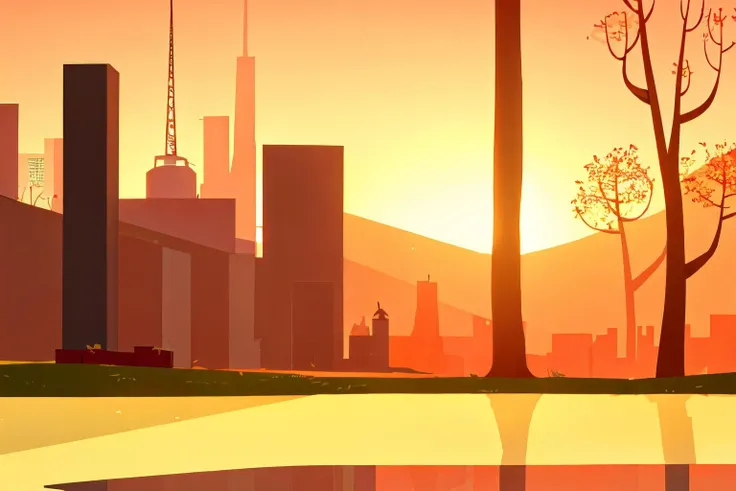 nitw style, no humans, scenery, outdoors, sun, tree, sky, cityscape, building, sunset<lora:nitw_style_v2:0.8>