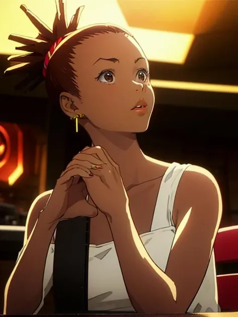 <lora:CaroleV1:1> ((carole_stanley)), 1girl, brown hair, dark skin, dark-skinned female, earrings, ponytail, short hair, solo
