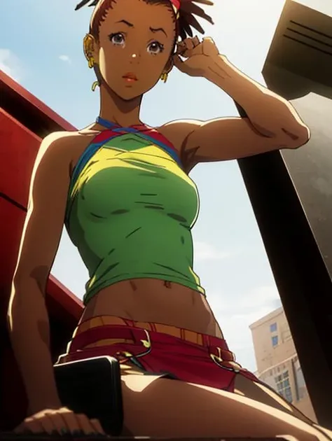 <lora:CaroleV1:1> ((carole_stanley)), 1girl, brown hair, dark skin, dark-skinned female, earrings, ponytail, short hair, solo